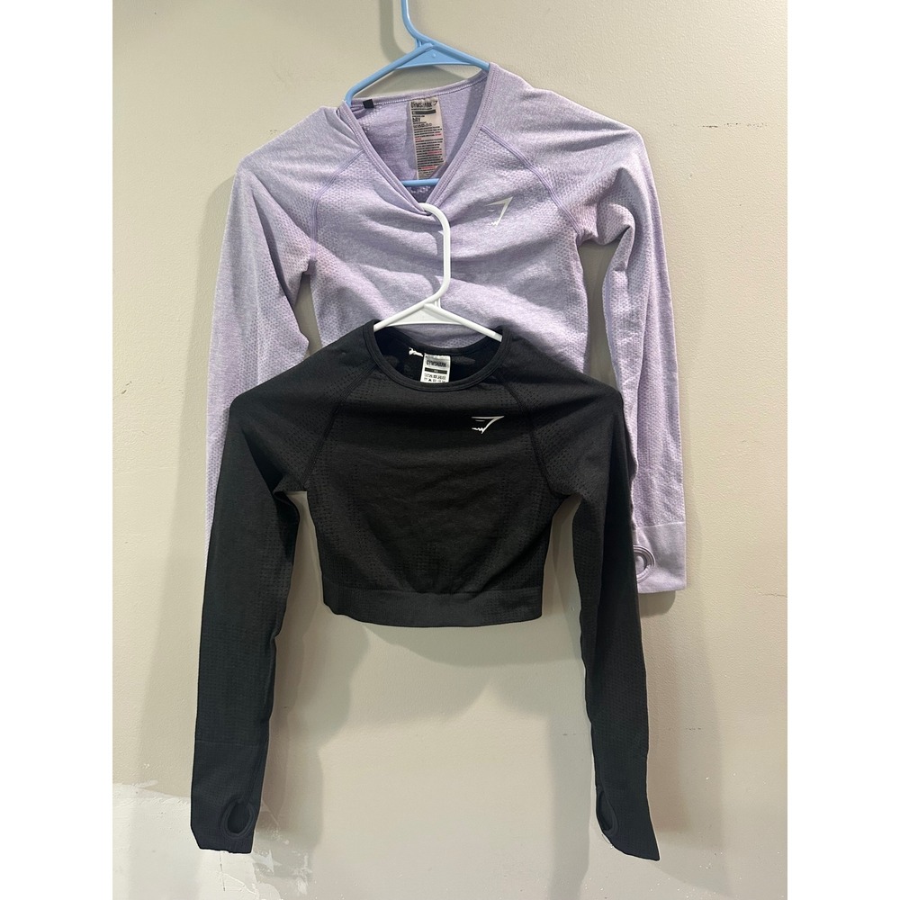 Gymshark Womens Vital Energy Seamless Long Sleeve Crop Top Bundle Black Lilac XS